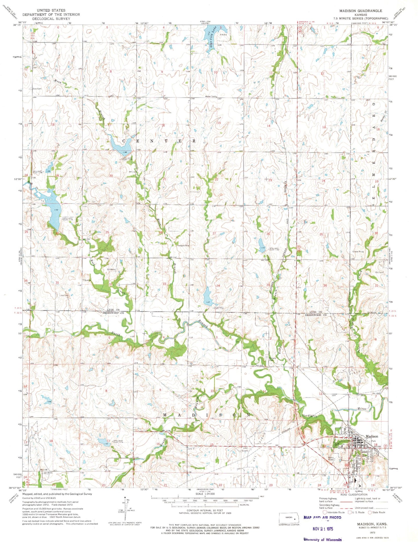 Classic USGS Madison Kansas 7.5'x7.5' Topo Map Image