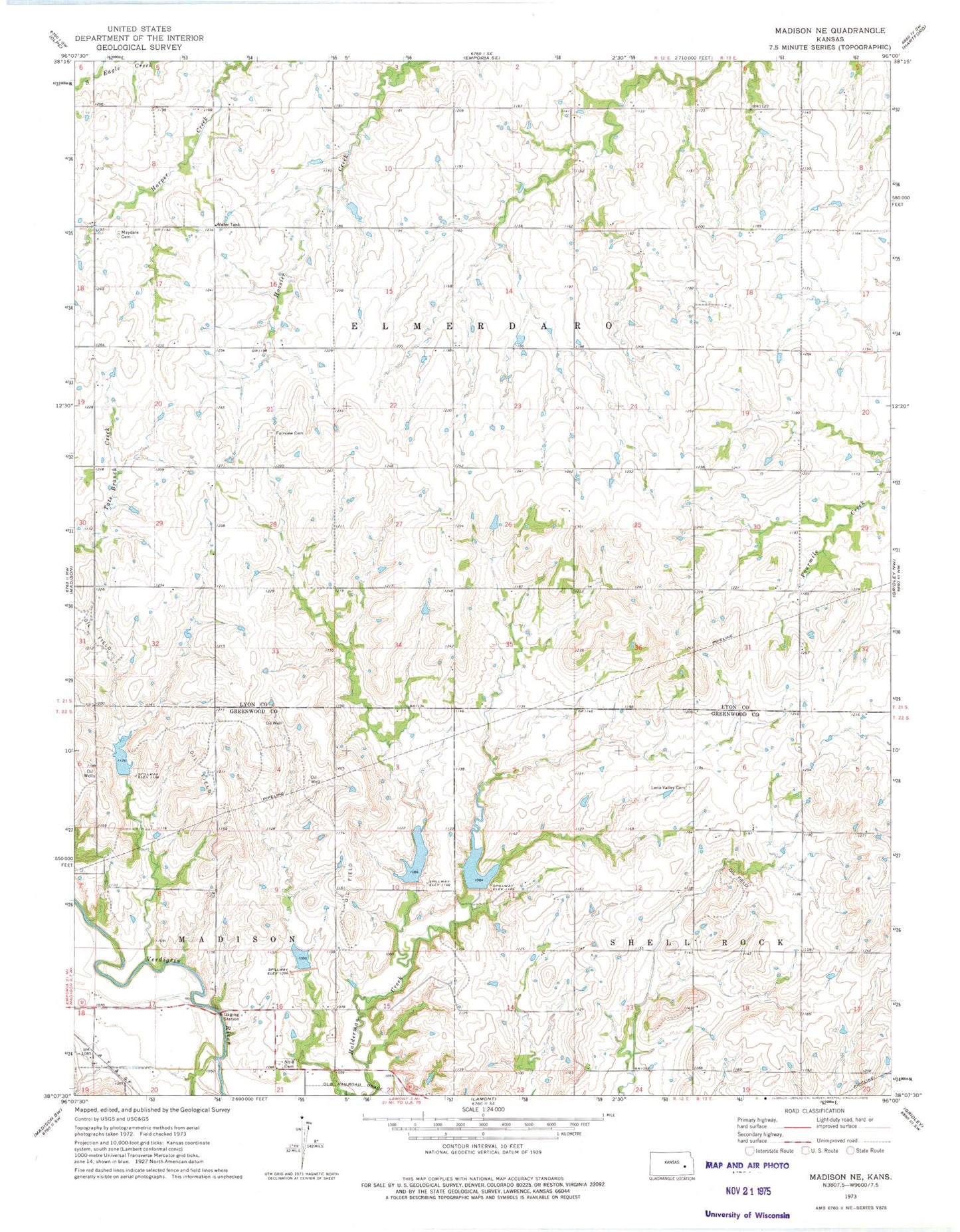 Classic USGS Madison NE Kansas 7.5'x7.5' Topo Map Image
