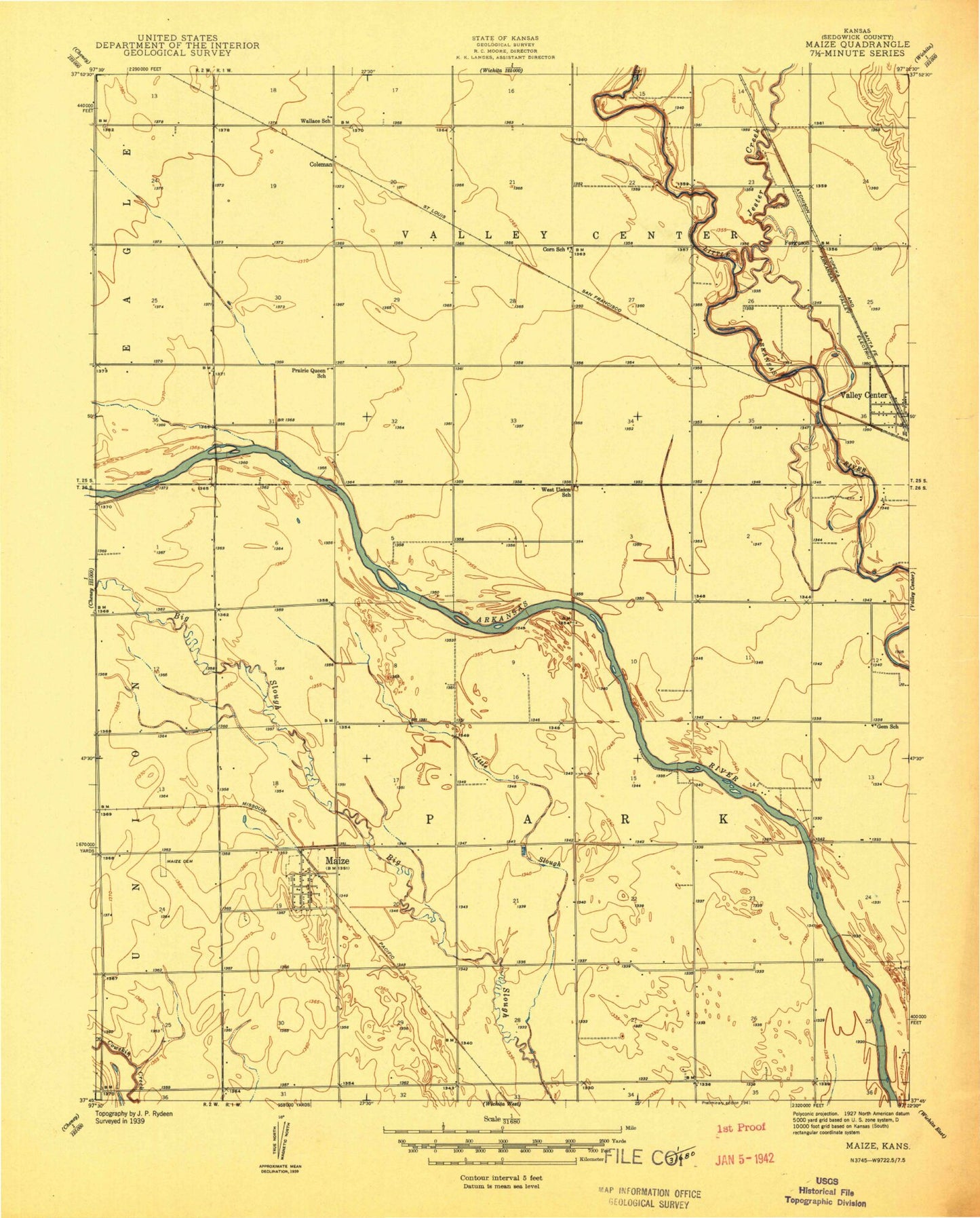 Classic USGS Maize Kansas 7.5'x7.5' Topo Map Image