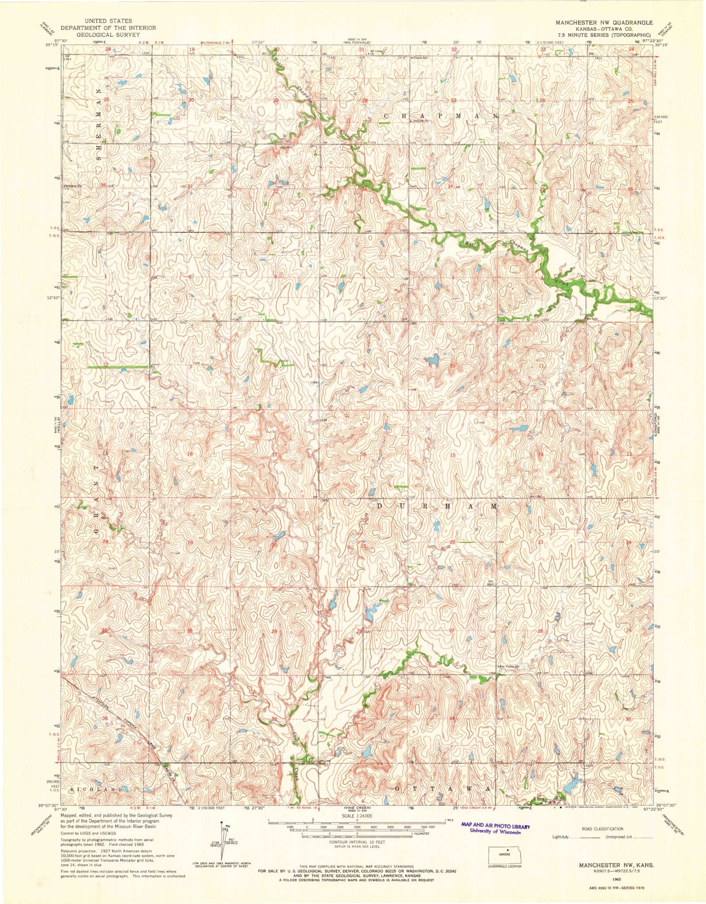 Classic USGS Manchester NW Kansas 7.5'x7.5' Topo Map Image