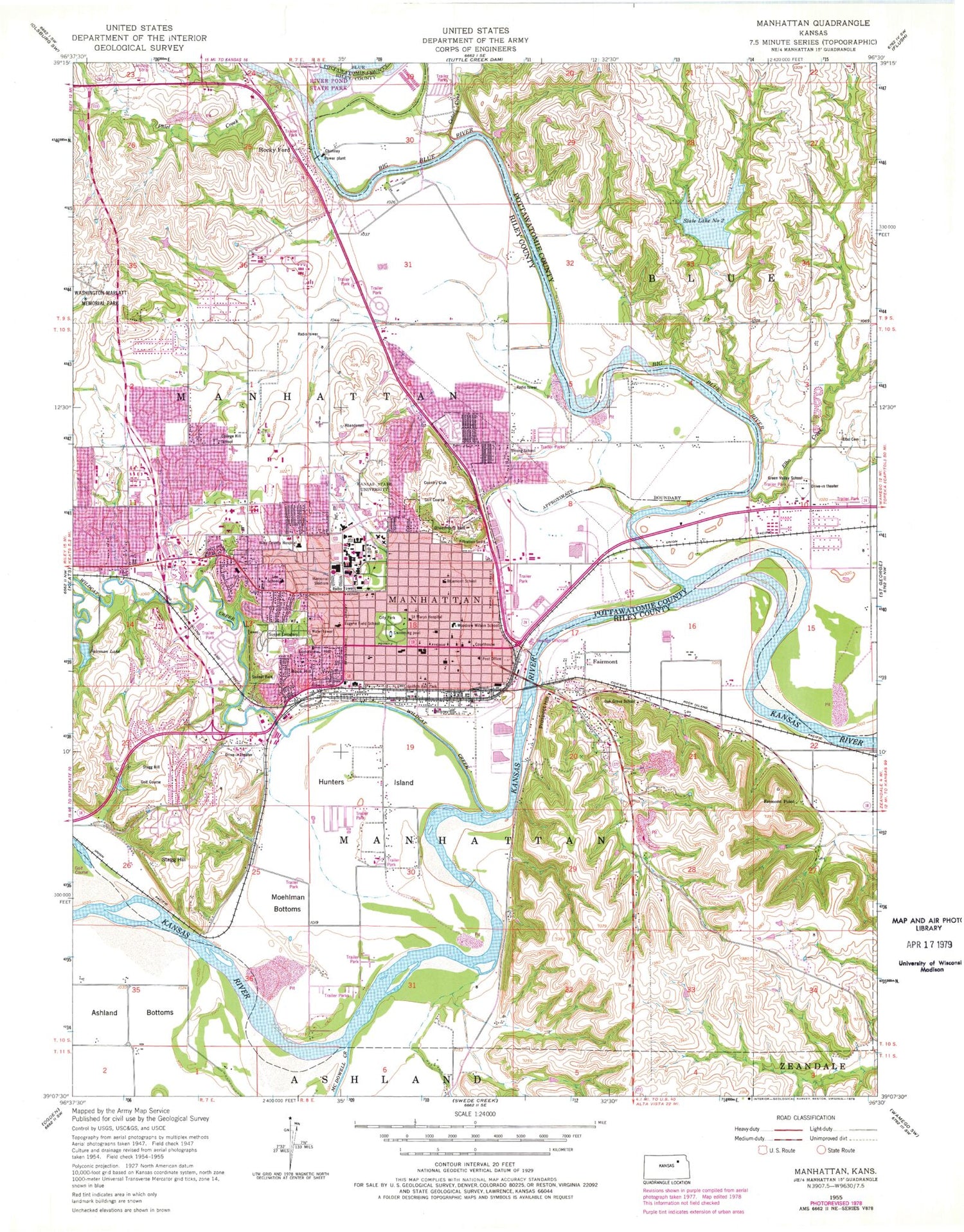 Classic USGS Manhattan Kansas 7.5'x7.5' Topo Map Image