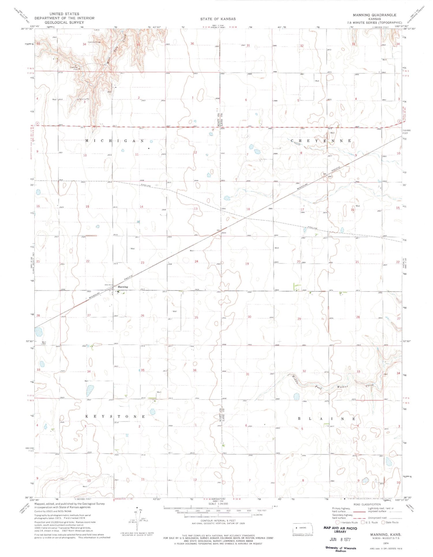 Classic USGS Manning Kansas 7.5'x7.5' Topo Map Image