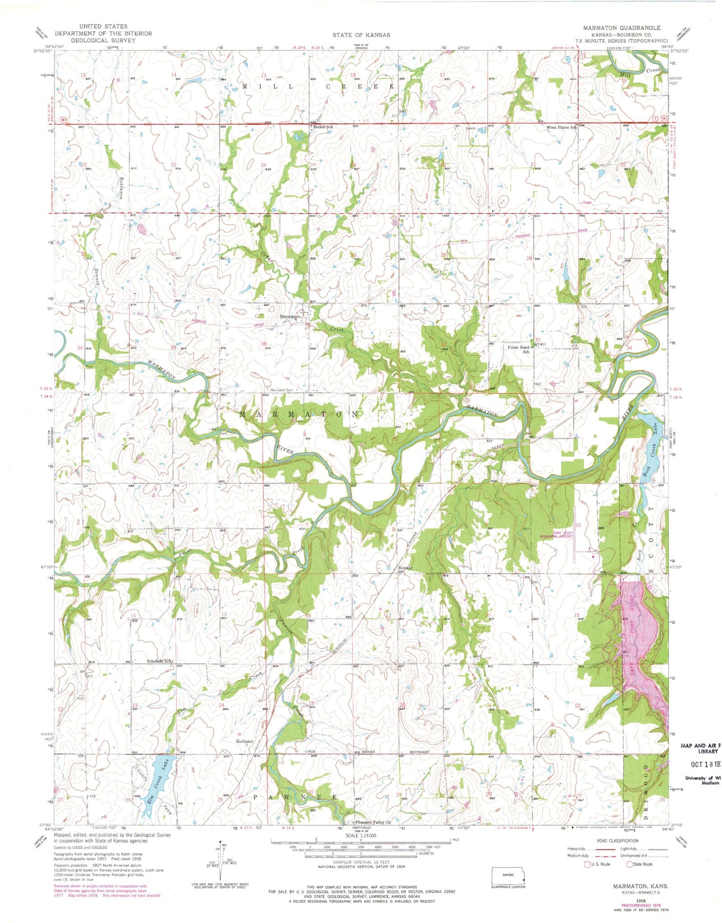 Classic USGS Marmaton Kansas 7.5'x7.5' Topo Map Image