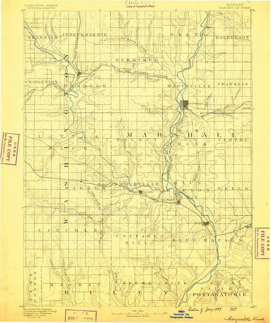 Historic 1889 Marysville Kansas 30'x30' Topo Map Image
