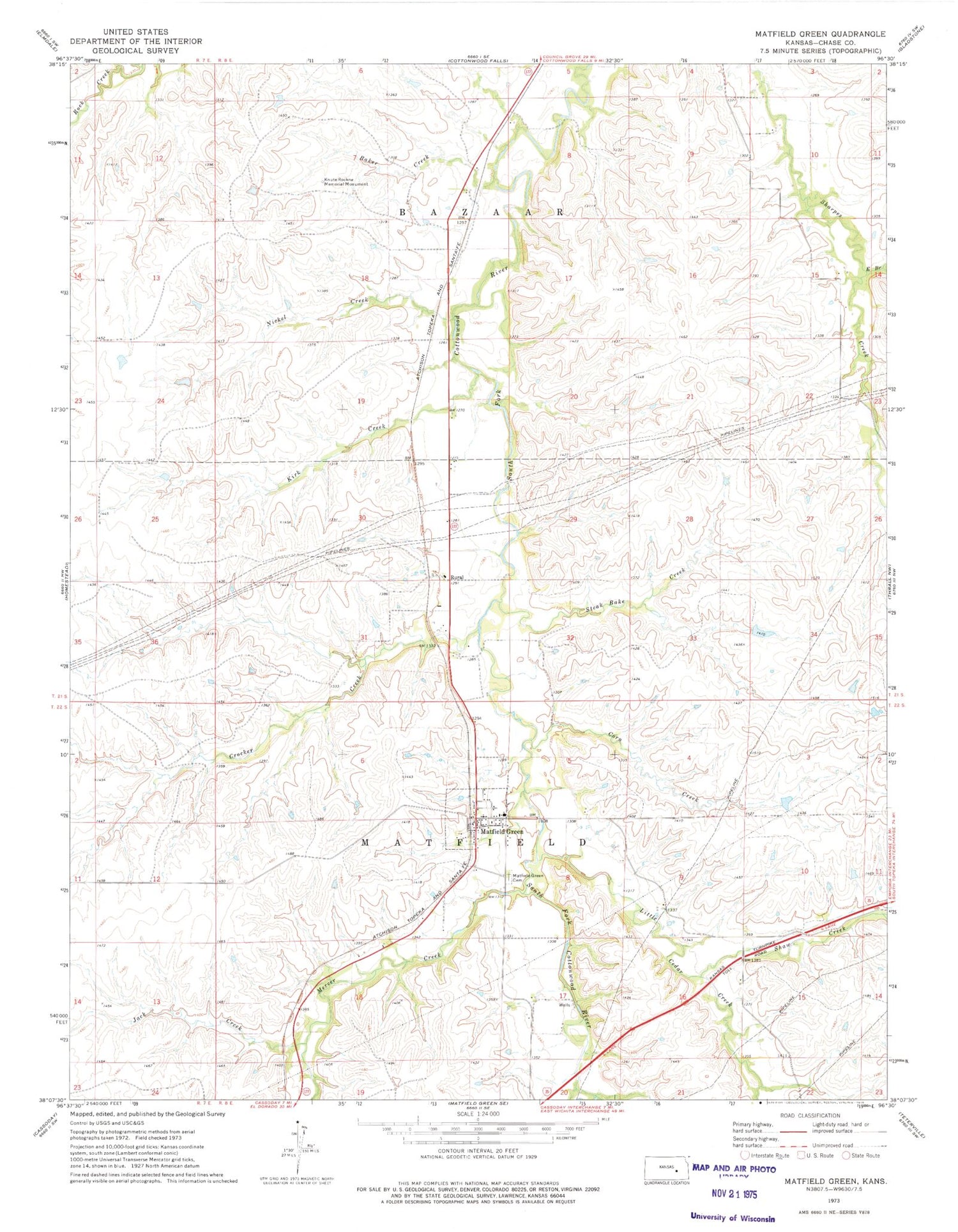 Classic USGS Matfield Green Kansas 7.5'x7.5' Topo Map Image