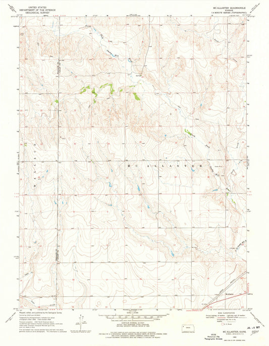 Classic USGS McAllaster Kansas 7.5'x7.5' Topo Map Image
