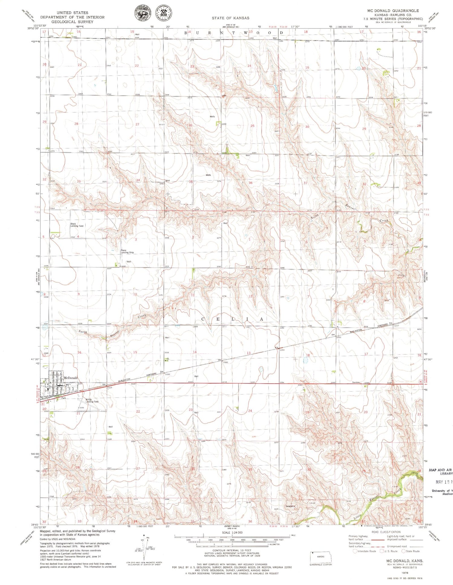 Classic USGS McDonald Kansas 7.5'x7.5' Topo Map Image