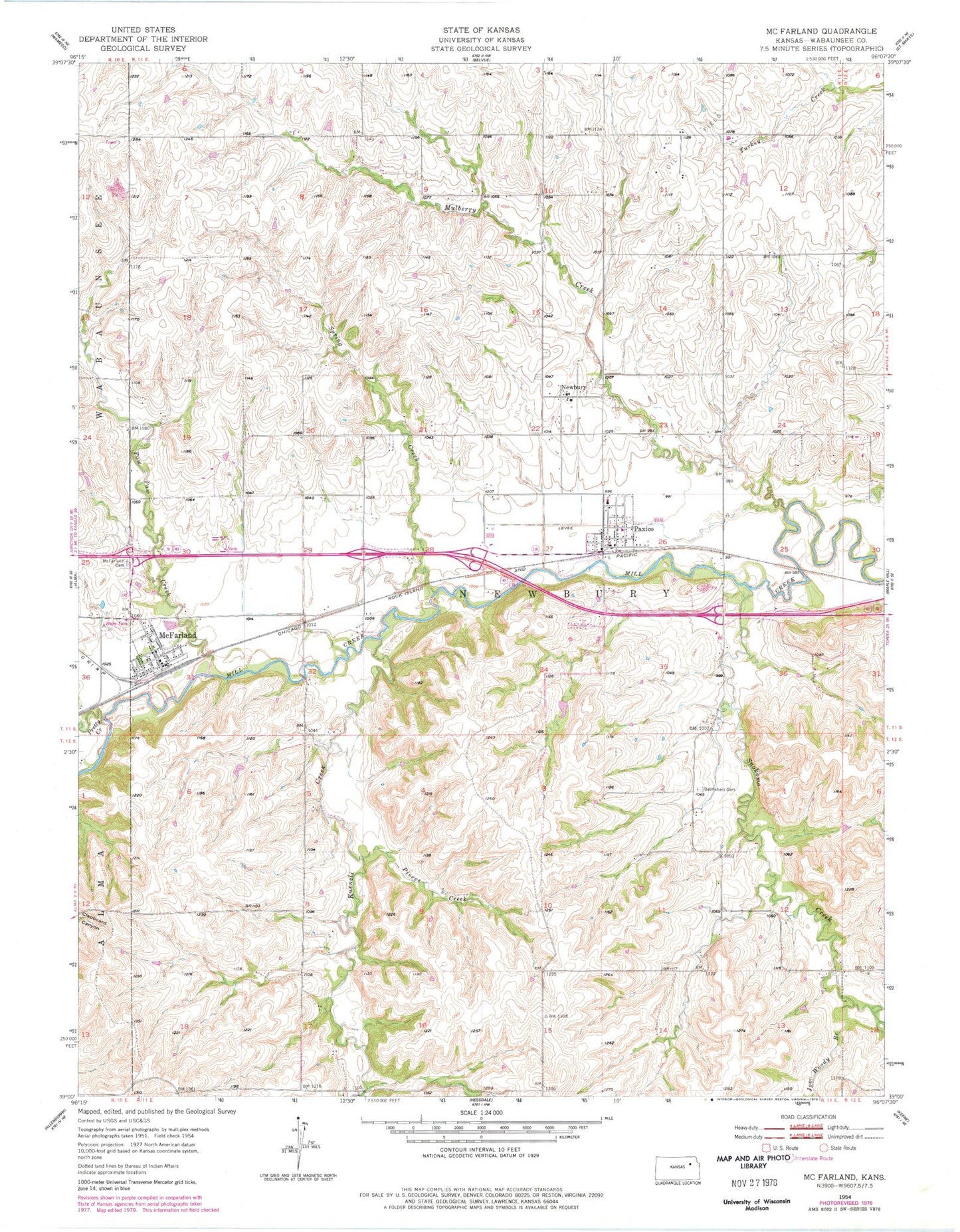 Classic USGS McFarland Kansas 7.5'x7.5' Topo Map Image