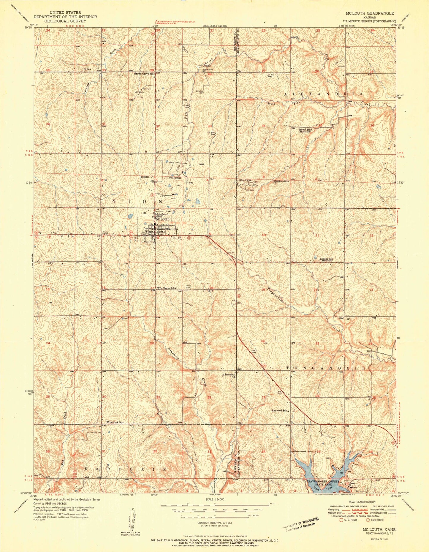 Classic USGS McLouth Kansas 7.5'x7.5' Topo Map Image