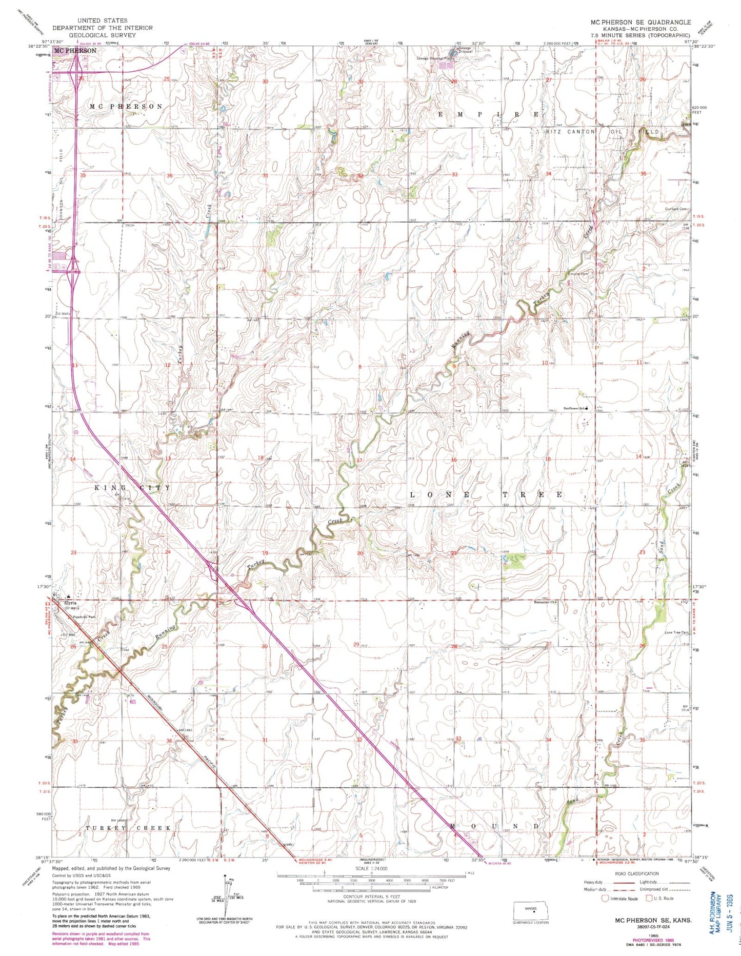 Classic USGS McPherson SE Kansas 7.5'x7.5' Topo Map Image
