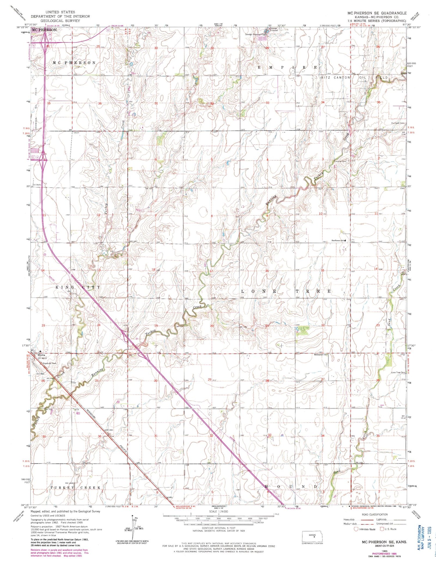 Classic USGS McPherson SE Kansas 7.5'x7.5' Topo Map Image