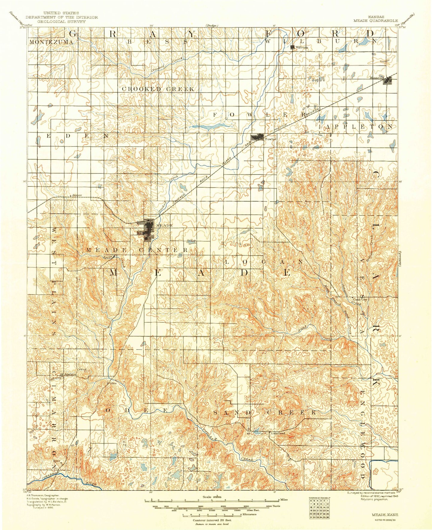 Historic 1892 Meade Kansas 30'x30' Topo Map Image