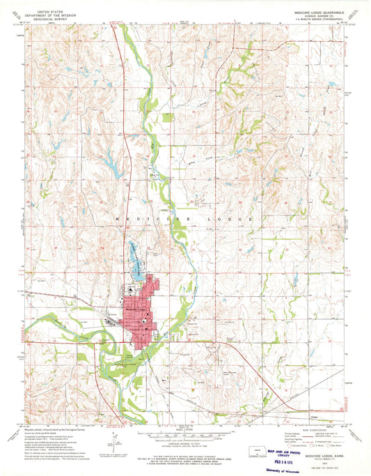 Classic USGS Medicine Lodge Kansas 7.5'x7.5' Topo Map Image