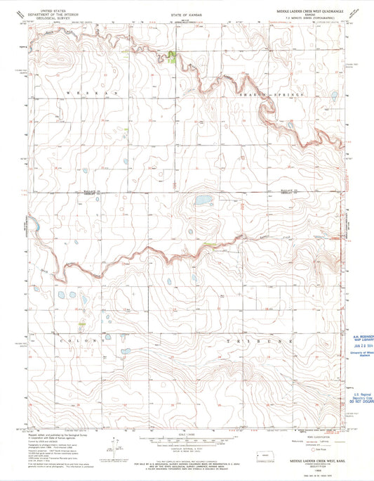 Classic USGS Middle Ladder Creek West Kansas 7.5'x7.5' Topo Map Image