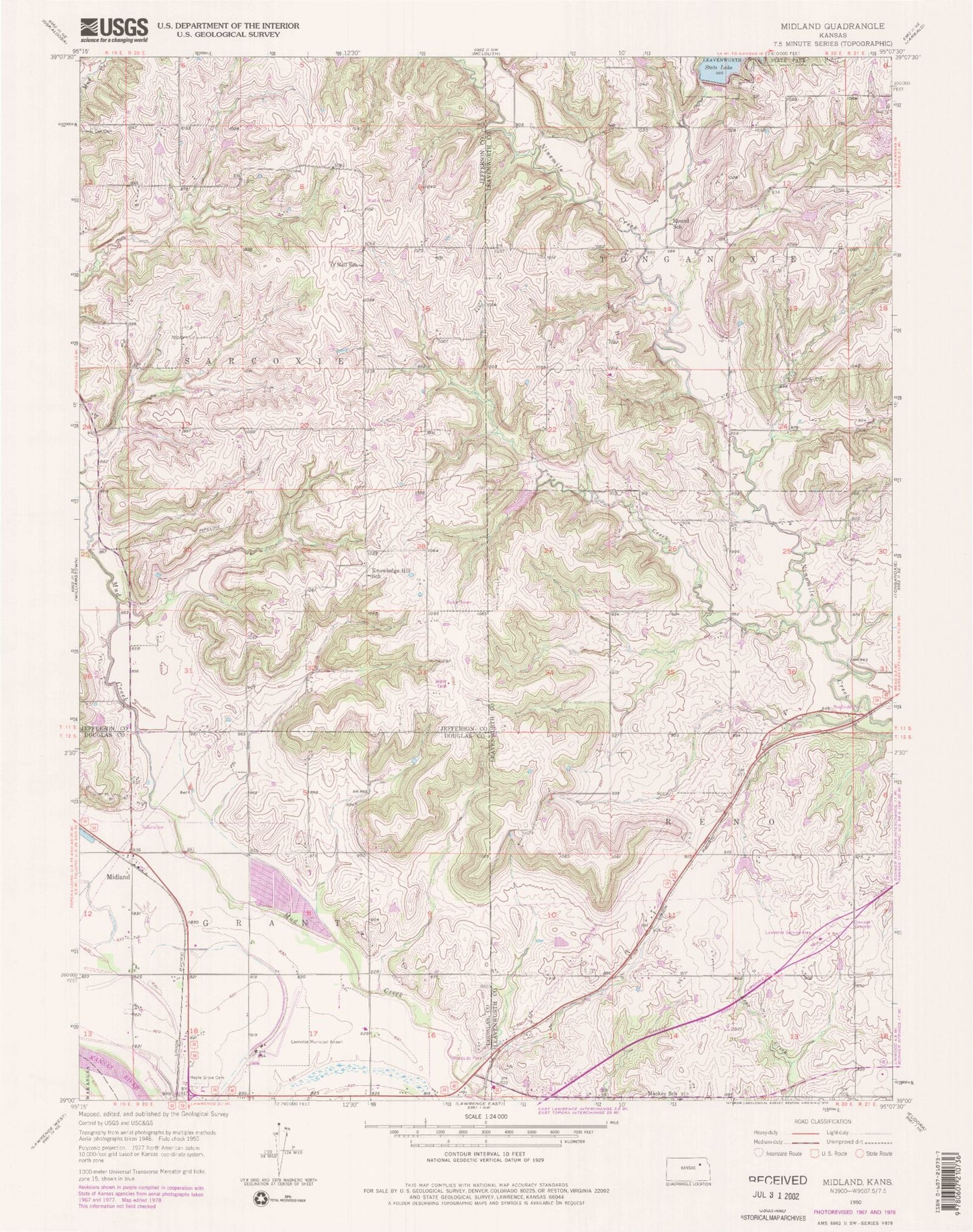 Classic USGS Midland Kansas 7.5'x7.5' Topo Map Image