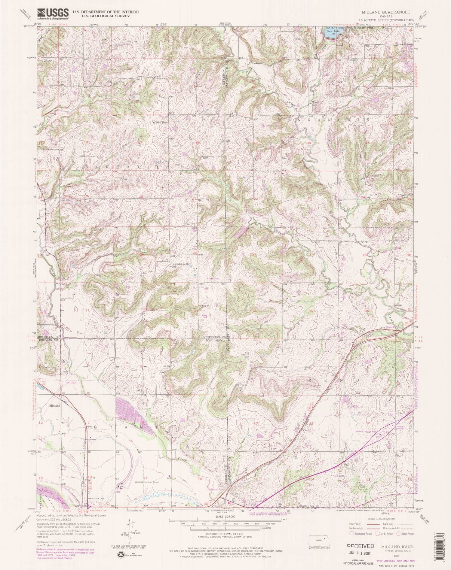 Classic USGS Midland Kansas 7.5'x7.5' Topo Map Image