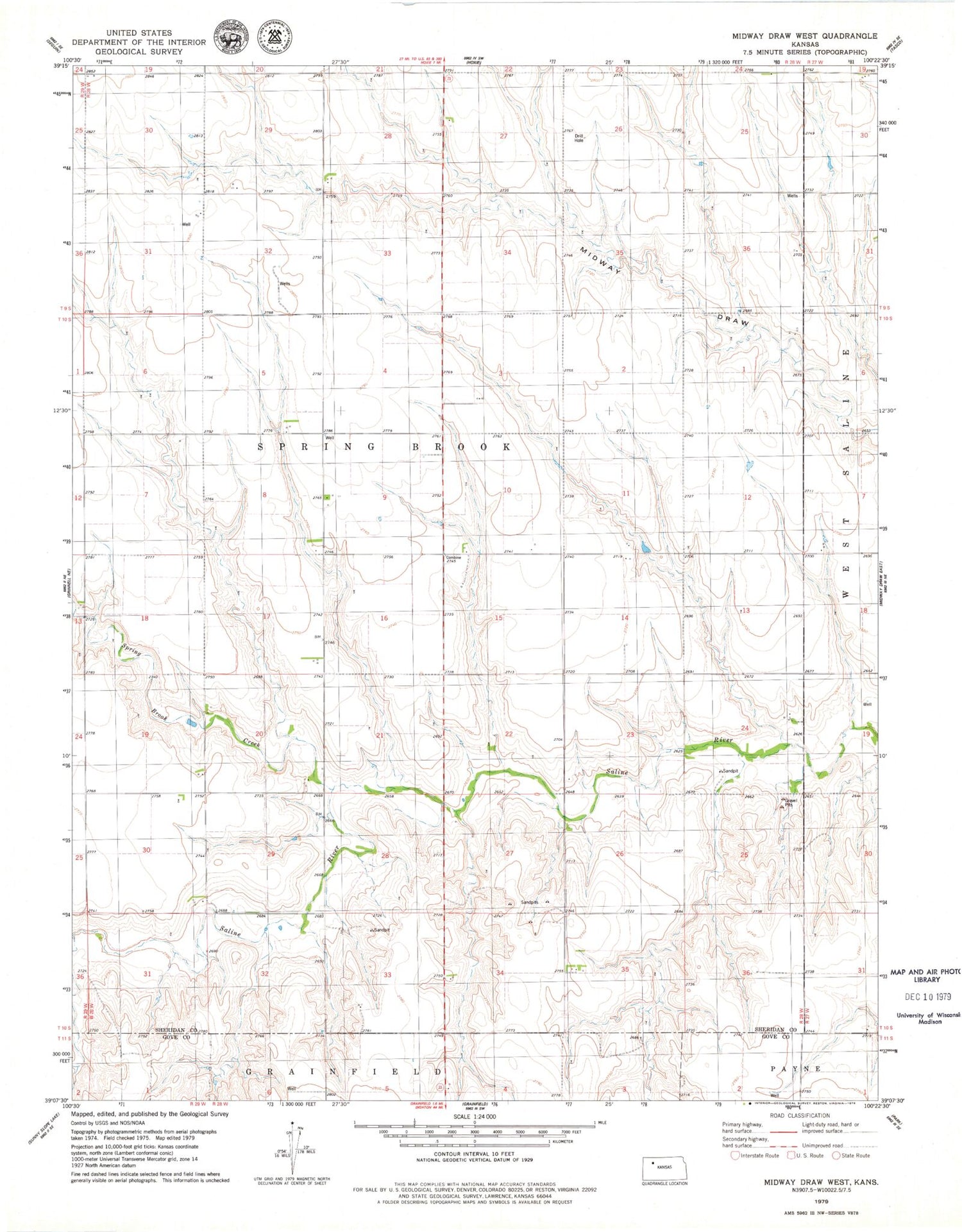 Classic USGS Midway Draw West Kansas 7.5'x7.5' Topo Map Image