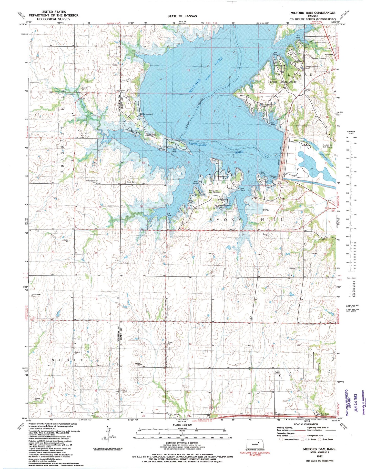 Classic USGS Milford Dam Kansas 7.5'x7.5' Topo Map Image