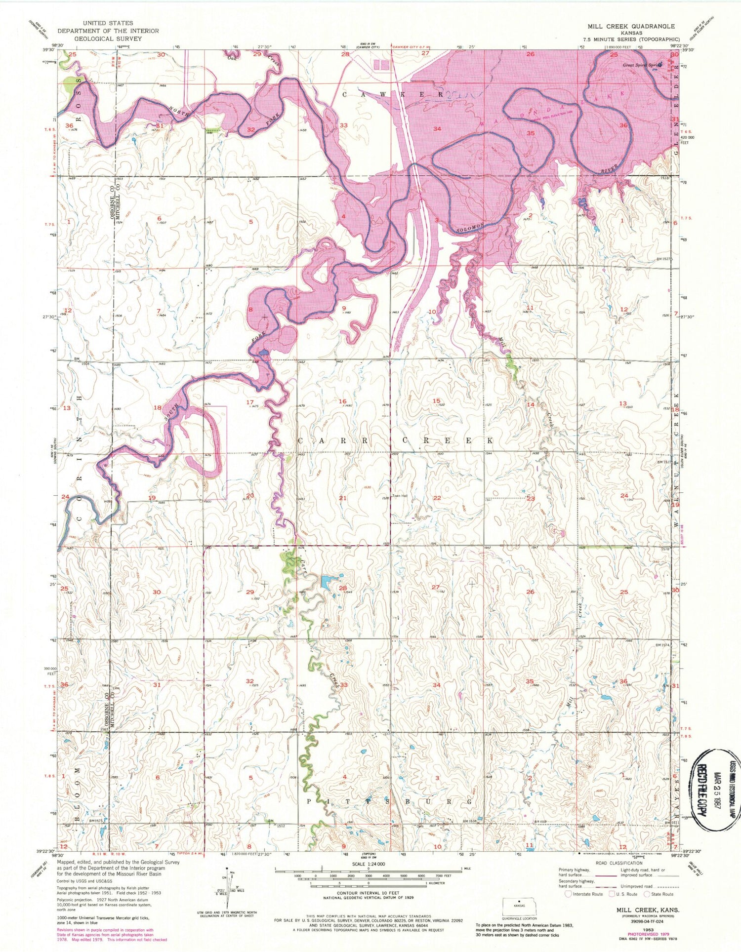 Classic USGS Mill Creek Kansas 7.5'x7.5' Topo Map Image