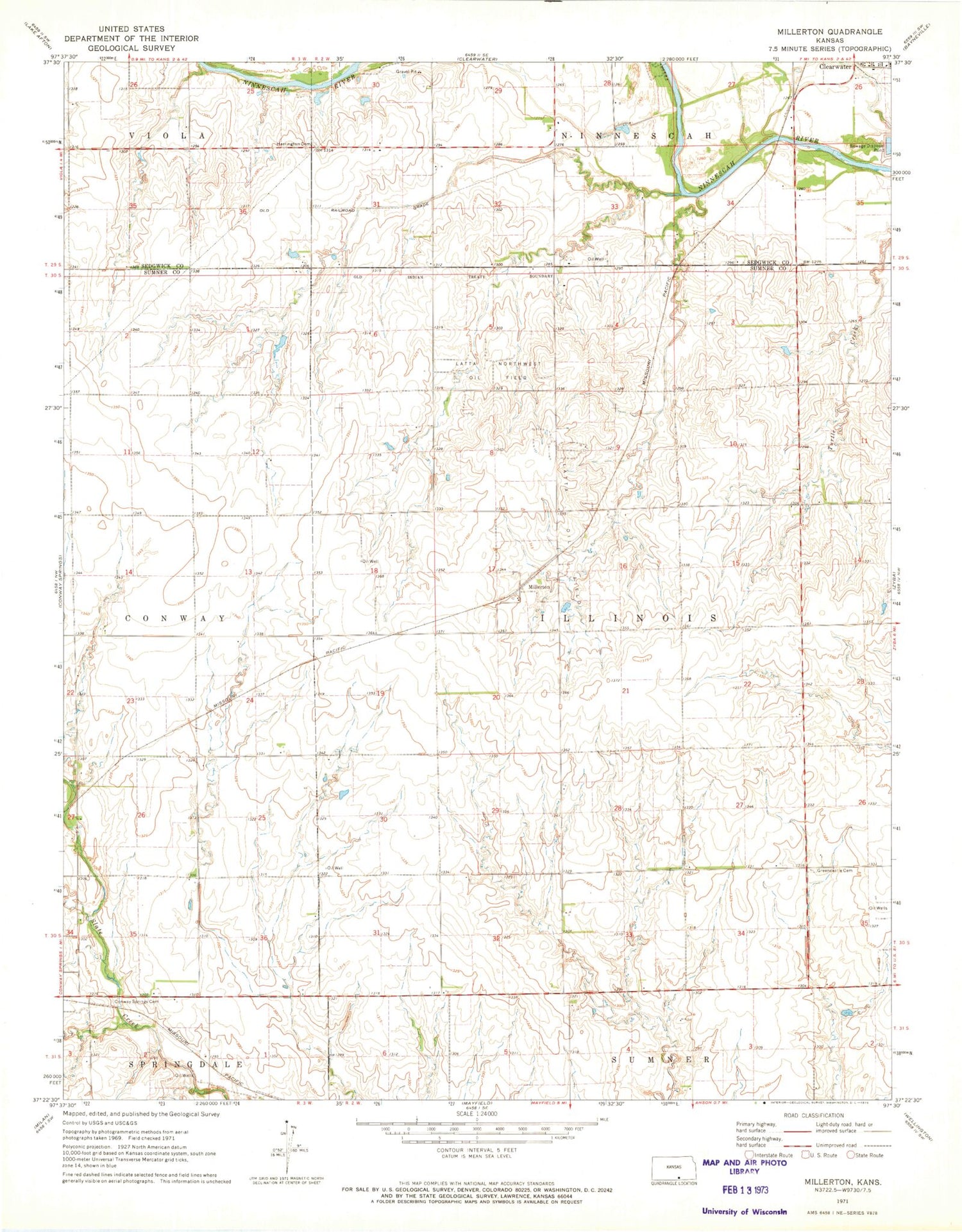 Classic USGS Millerton Kansas 7.5'x7.5' Topo Map Image