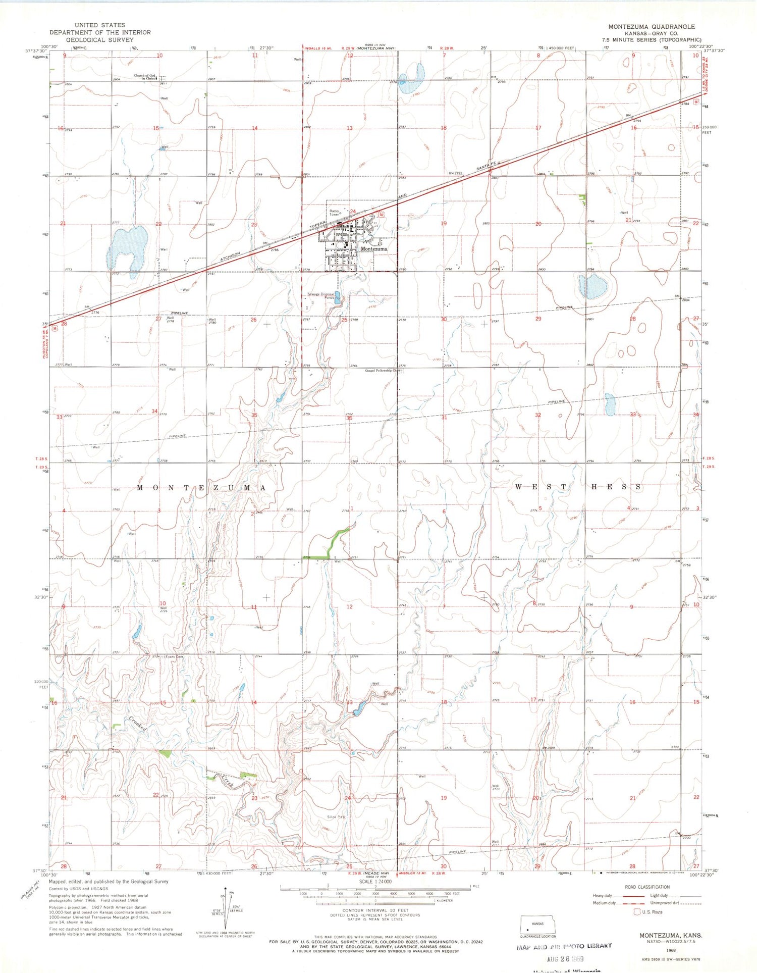 Classic USGS Montezuma Kansas 7.5'x7.5' Topo Map Image