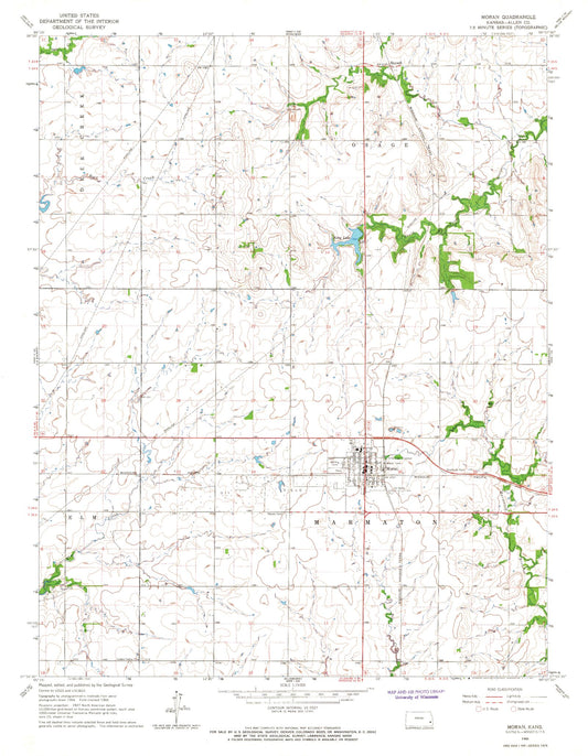 Classic USGS Moran Kansas 7.5'x7.5' Topo Map Image