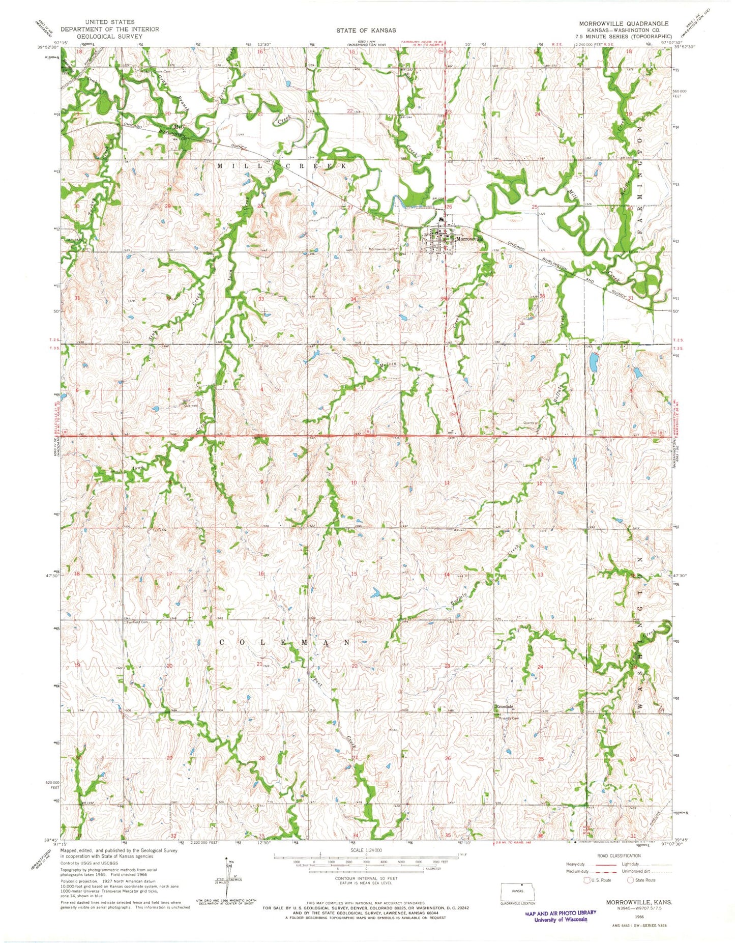 Classic USGS Morrowville Kansas 7.5'x7.5' Topo Map Image