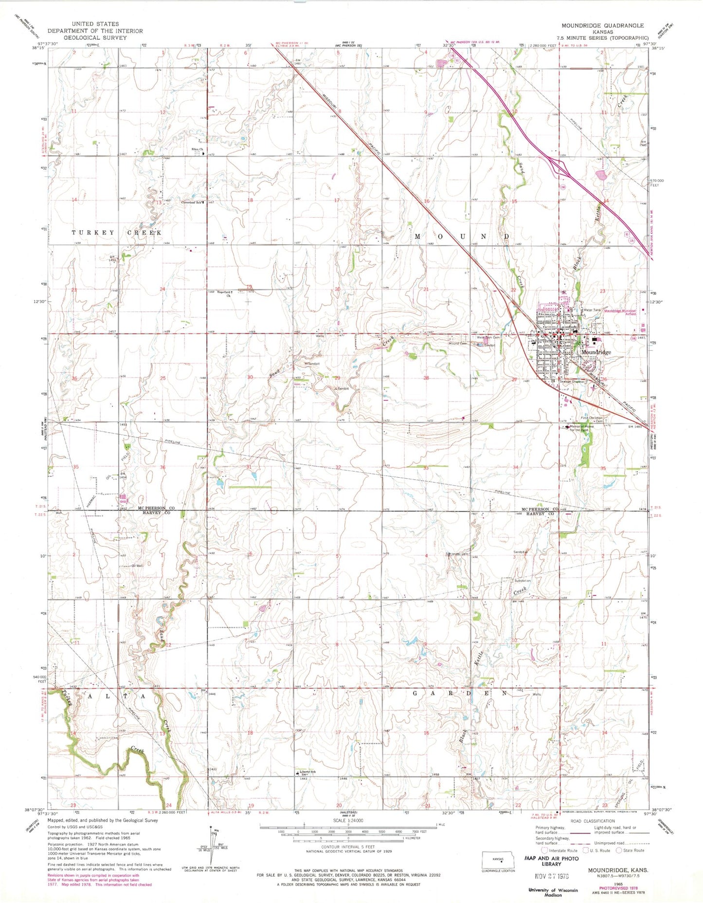 Classic USGS Moundridge Kansas 7.5'x7.5' Topo Map Image