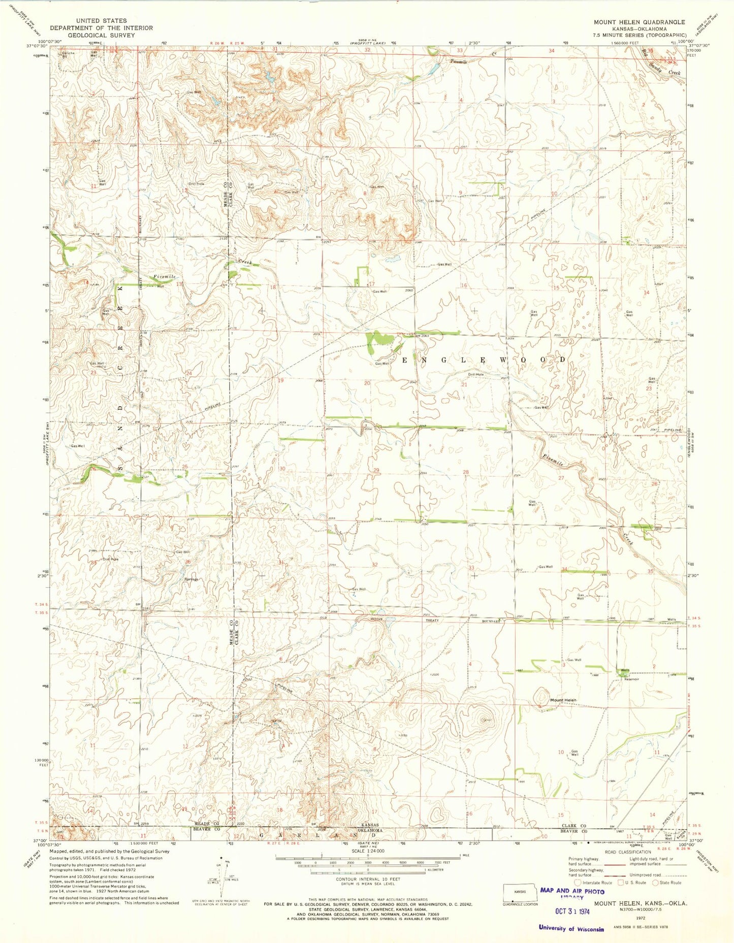 Classic USGS Mount Helen Kansas 7.5'x7.5' Topo Map Image