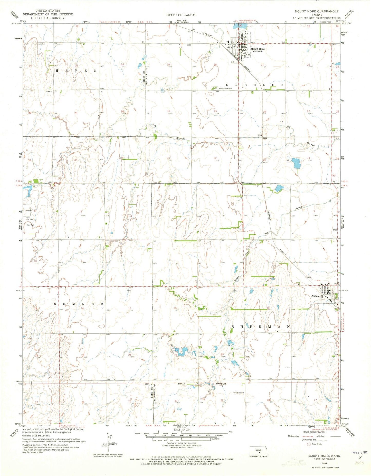 Classic USGS Mount Hope Kansas 7.5'x7.5' Topo Map Image
