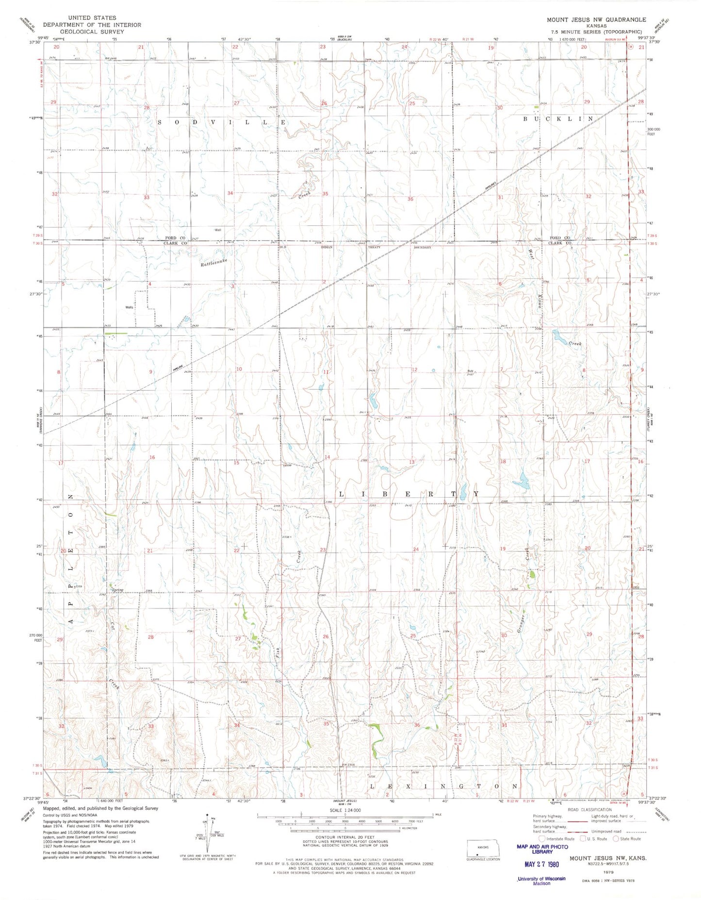 Classic USGS Mount Jesus NW Kansas 7.5'x7.5' Topo Map Image