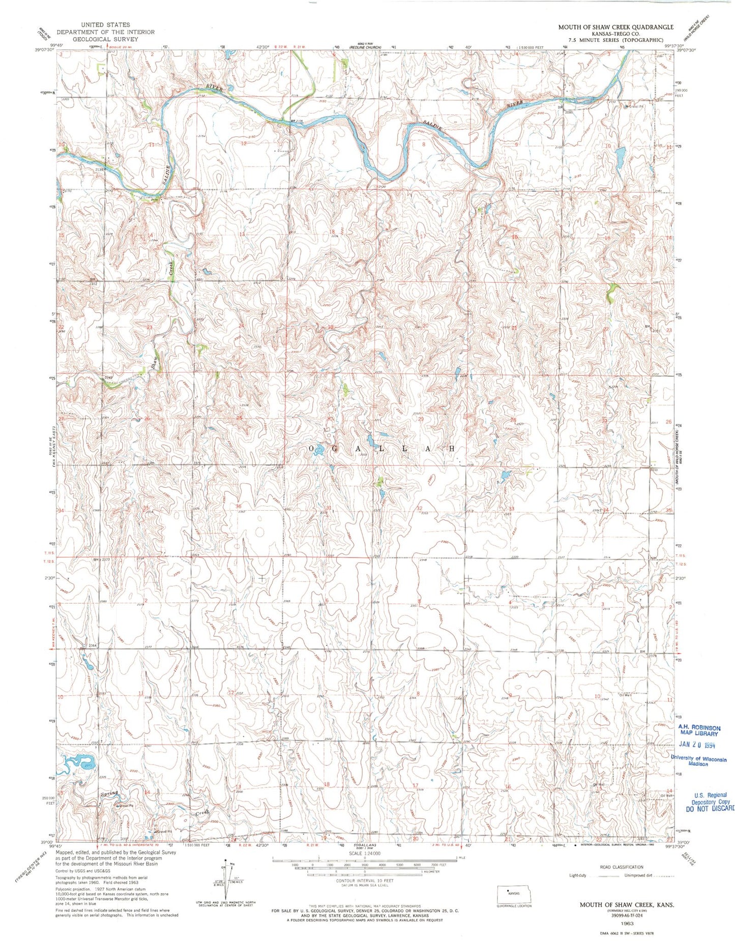 Classic USGS Mouth of Shaw Creek Kansas 7.5'x7.5' Topo Map Image