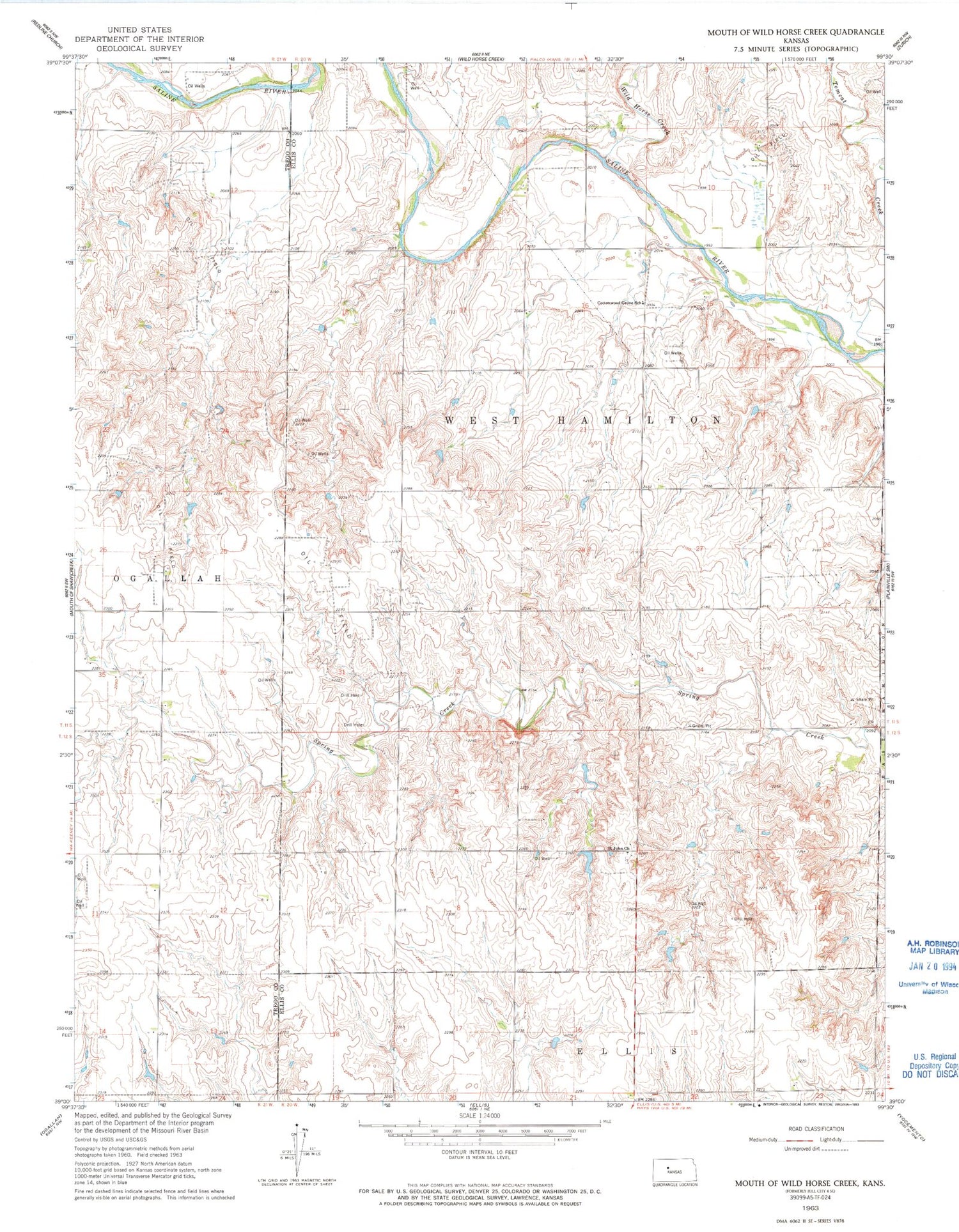 Classic USGS Mouth of Wild Horse Creek Kansas 7.5'x7.5' Topo Map Image