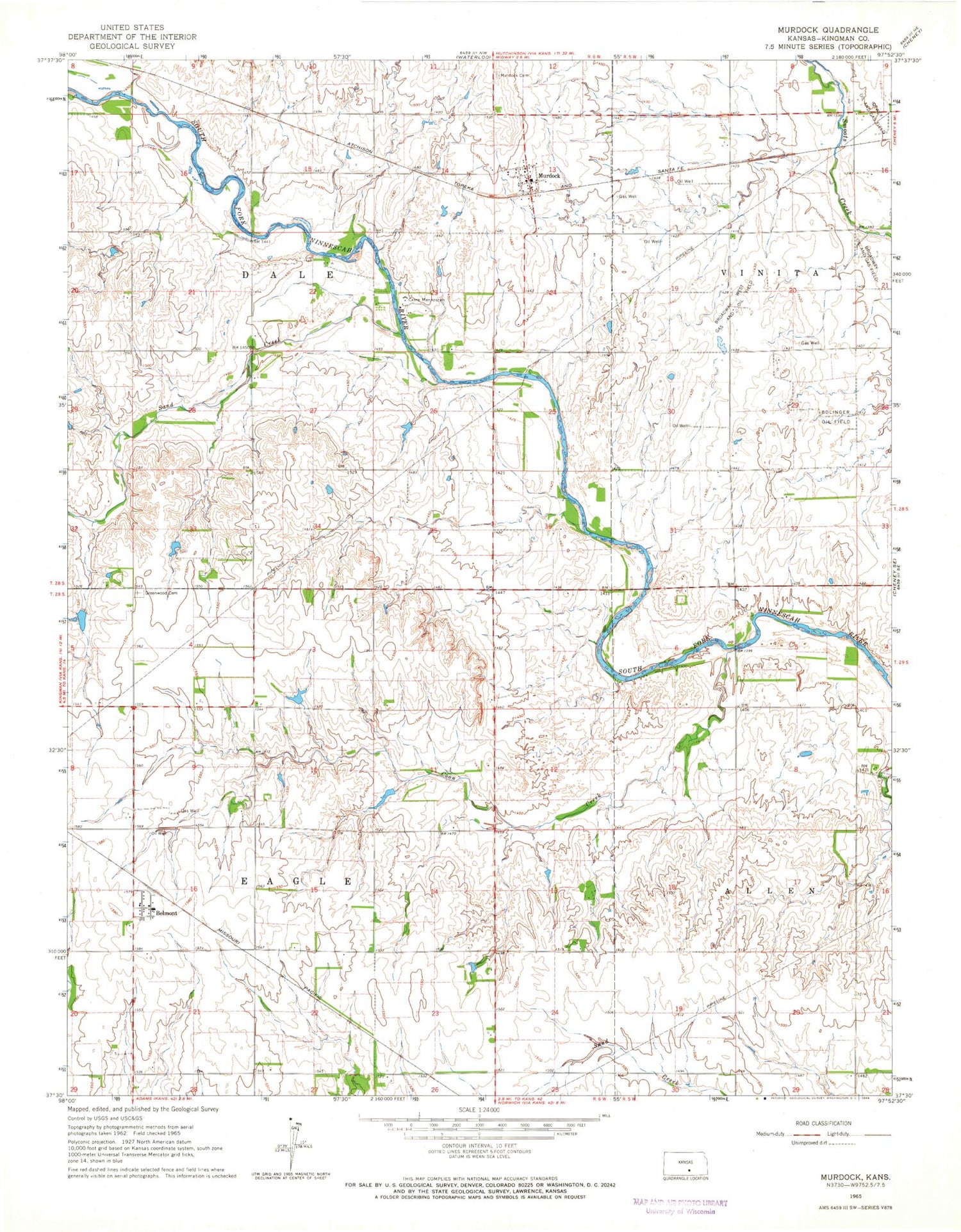 Classic USGS Murdock Kansas 7.5'x7.5' Topo Map Image