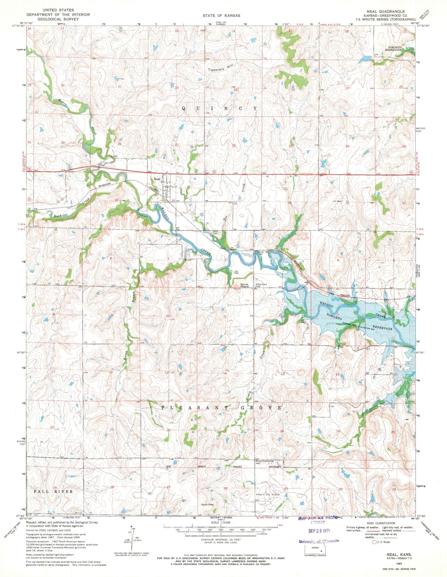Classic USGS Neal Kansas 7.5'x7.5' Topo Map Image