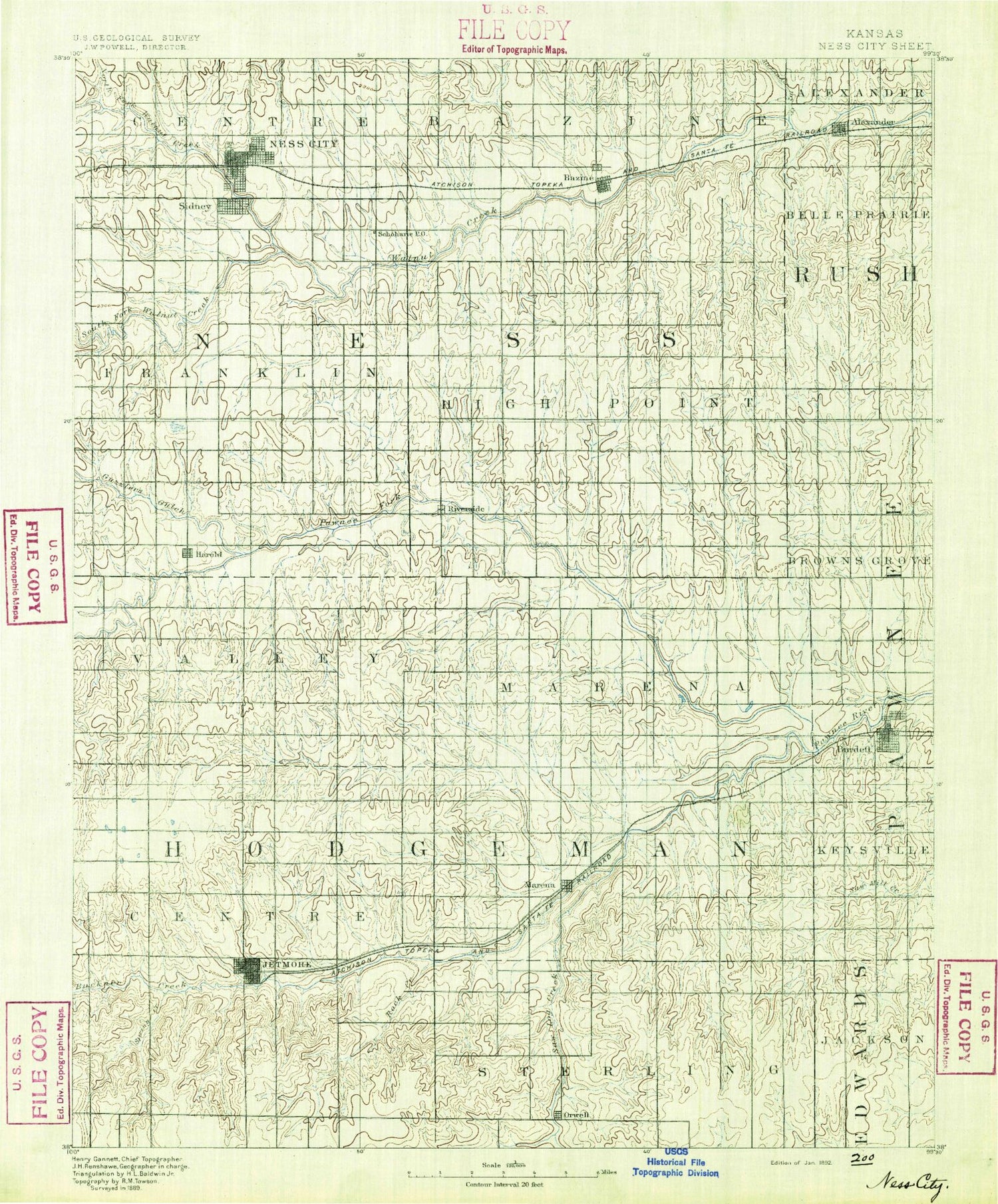 Historic 1892 Ness Kansas 30'x30' Topo Map Image