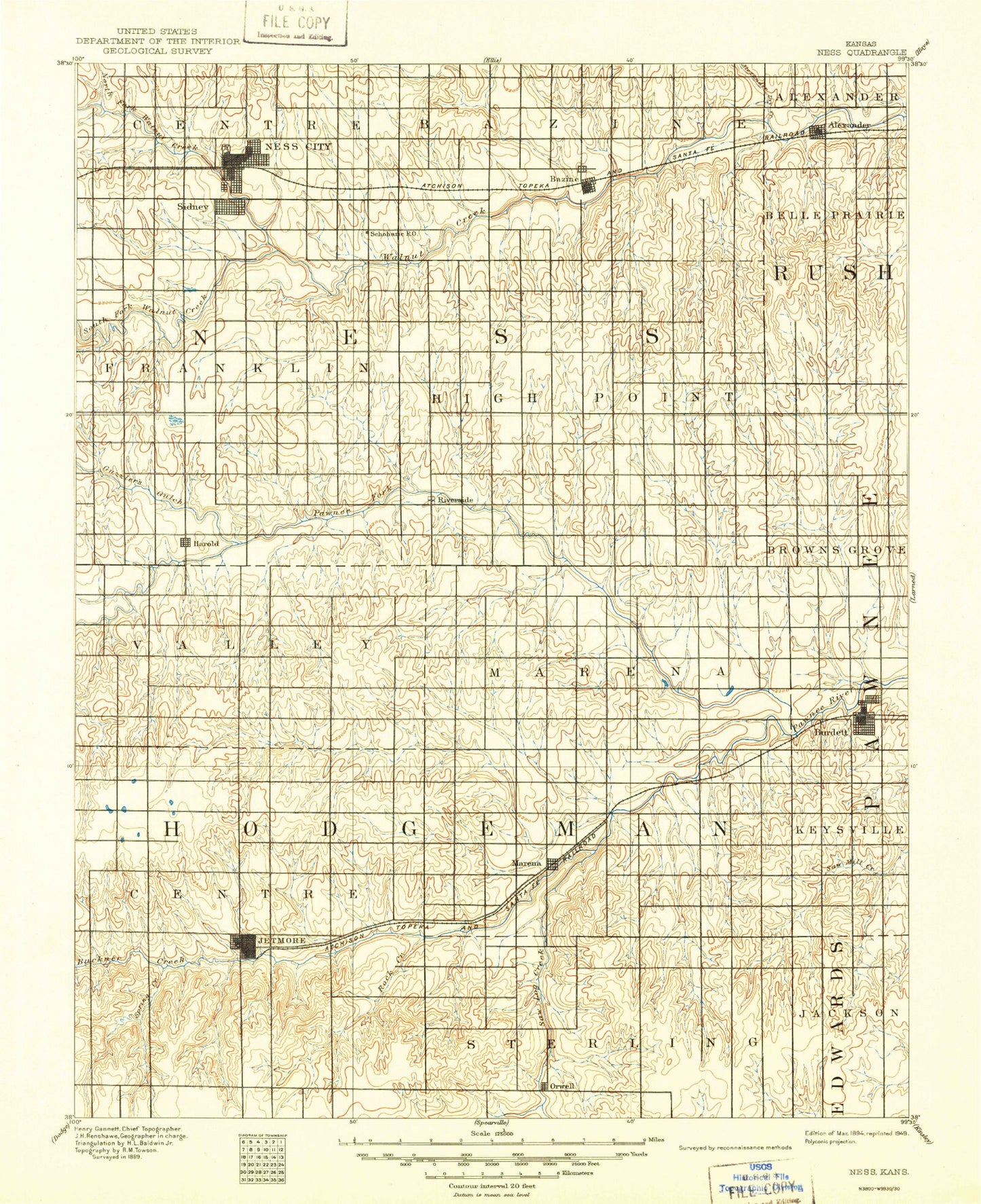 Historic 1894 Ness Kansas 30'x30' Topo Map Image