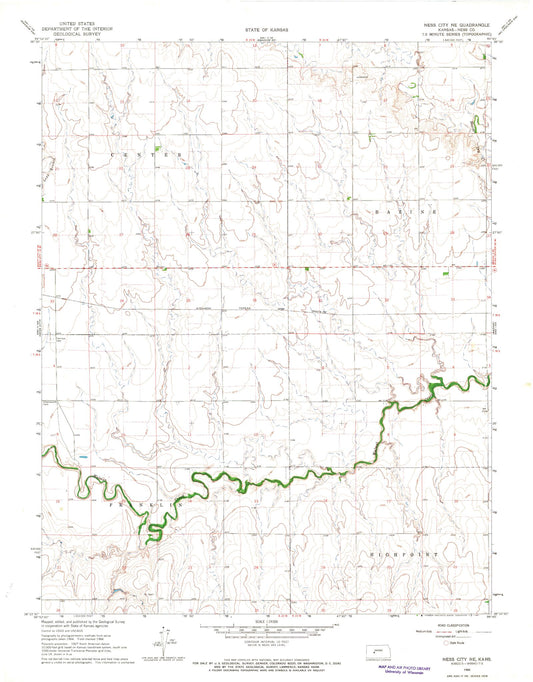 Classic USGS Ness City NE Kansas 7.5'x7.5' Topo Map Image