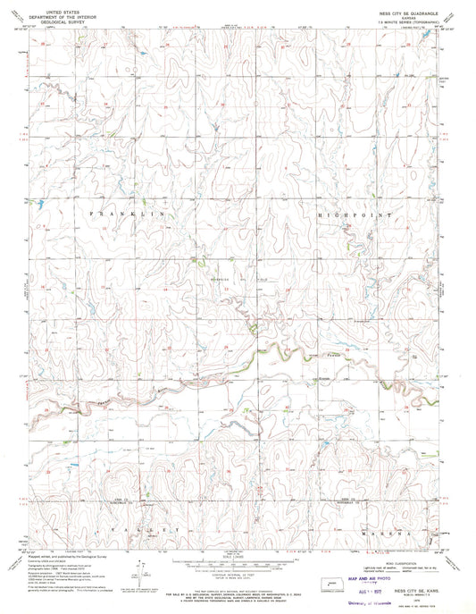 Classic USGS Ness City SE Kansas 7.5'x7.5' Topo Map Image