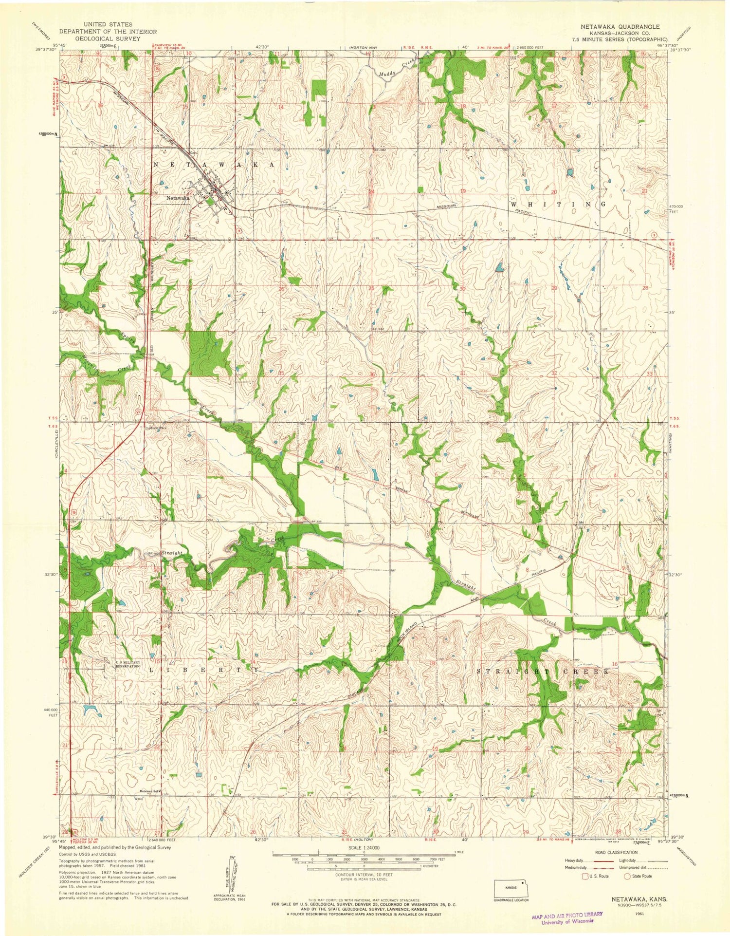 Classic USGS Netawaka Kansas 7.5'x7.5' Topo Map Image