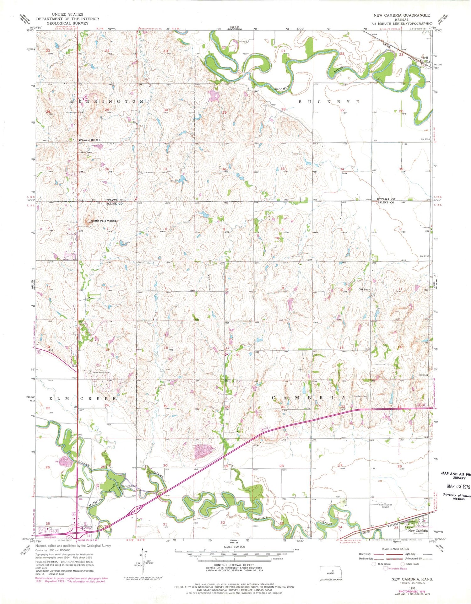 Classic USGS New Cambria Kansas 7.5'x7.5' Topo Map Image