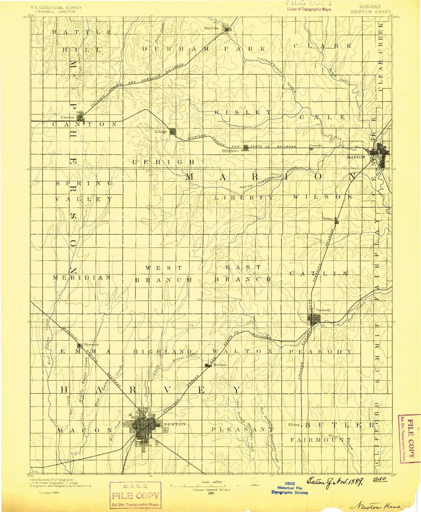Historic 1889 Newton Kansas 30'x30' Topo Map Image