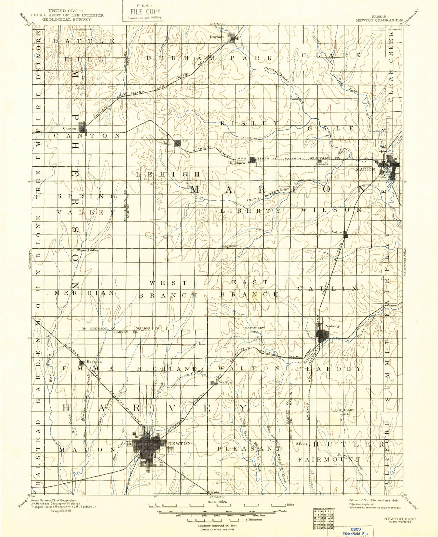 Historic 1894 Newton Kansas 30'x30' Topo Map Image