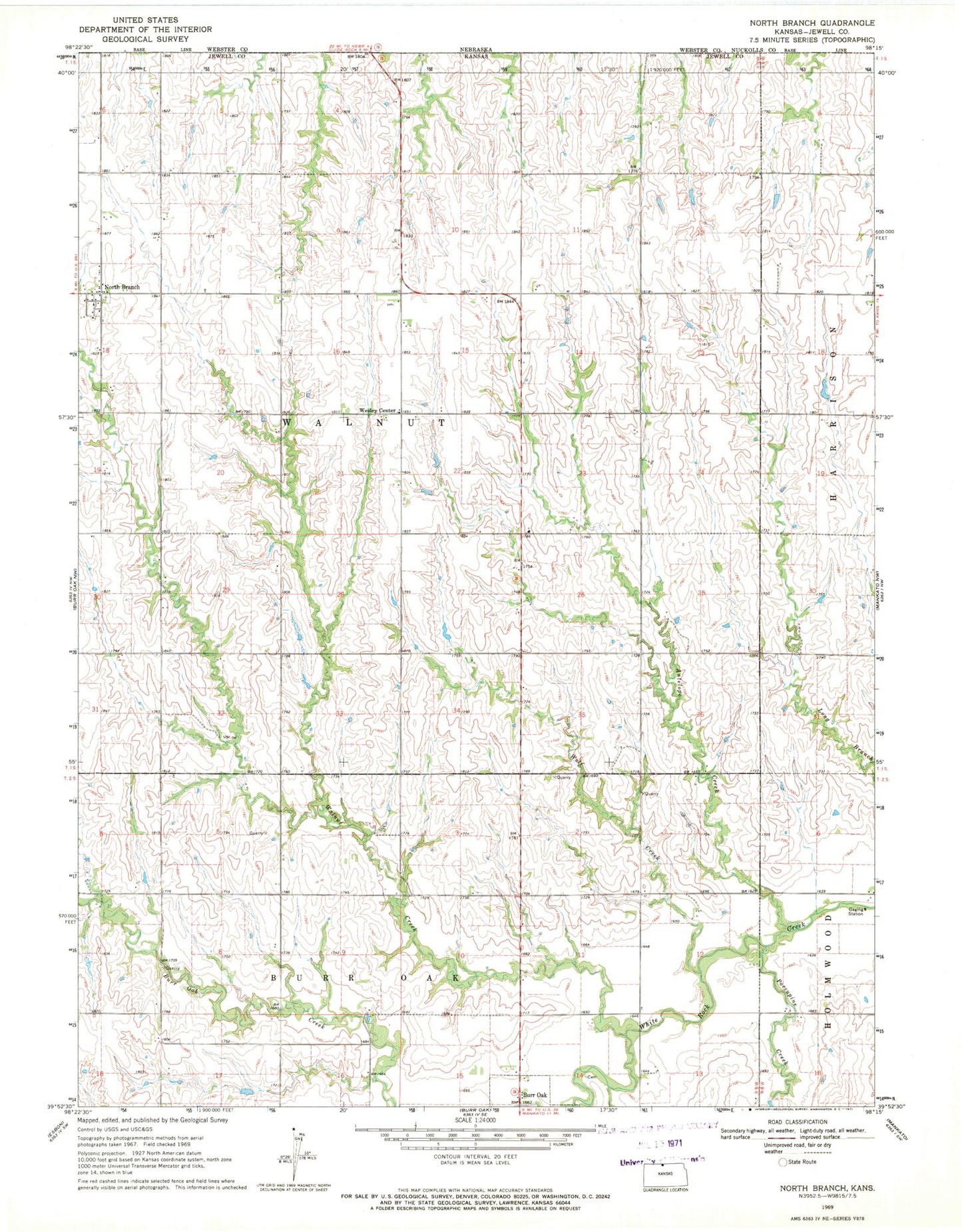 Classic USGS Northbranch Kansas 7.5'x7.5' Topo Map Image