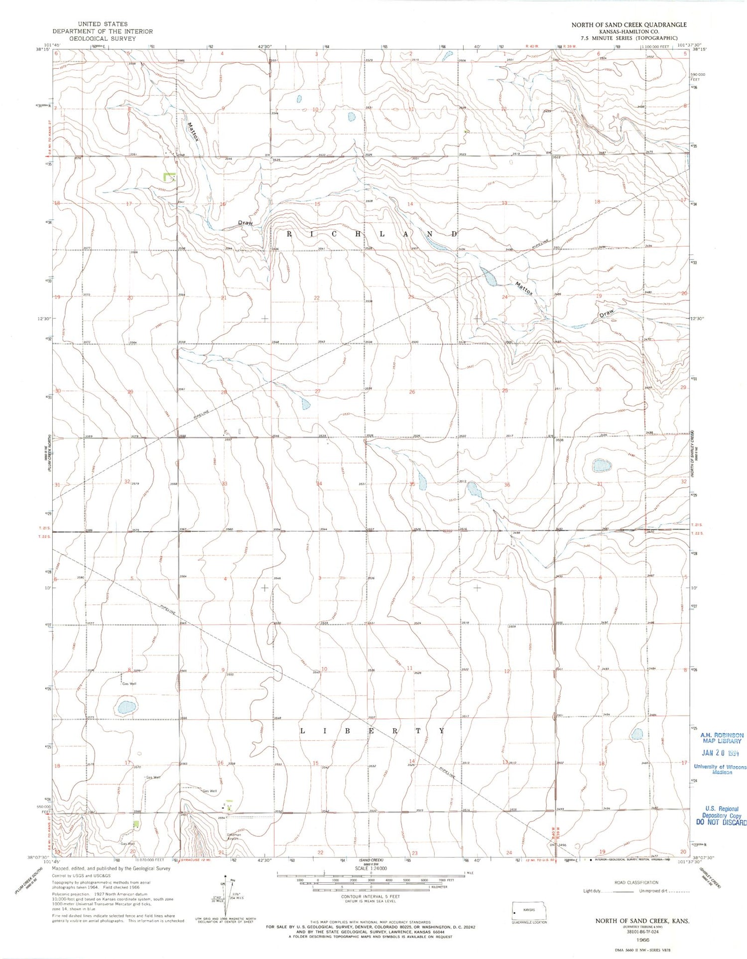 Classic USGS North of Sand Creek Kansas 7.5'x7.5' Topo Map Image