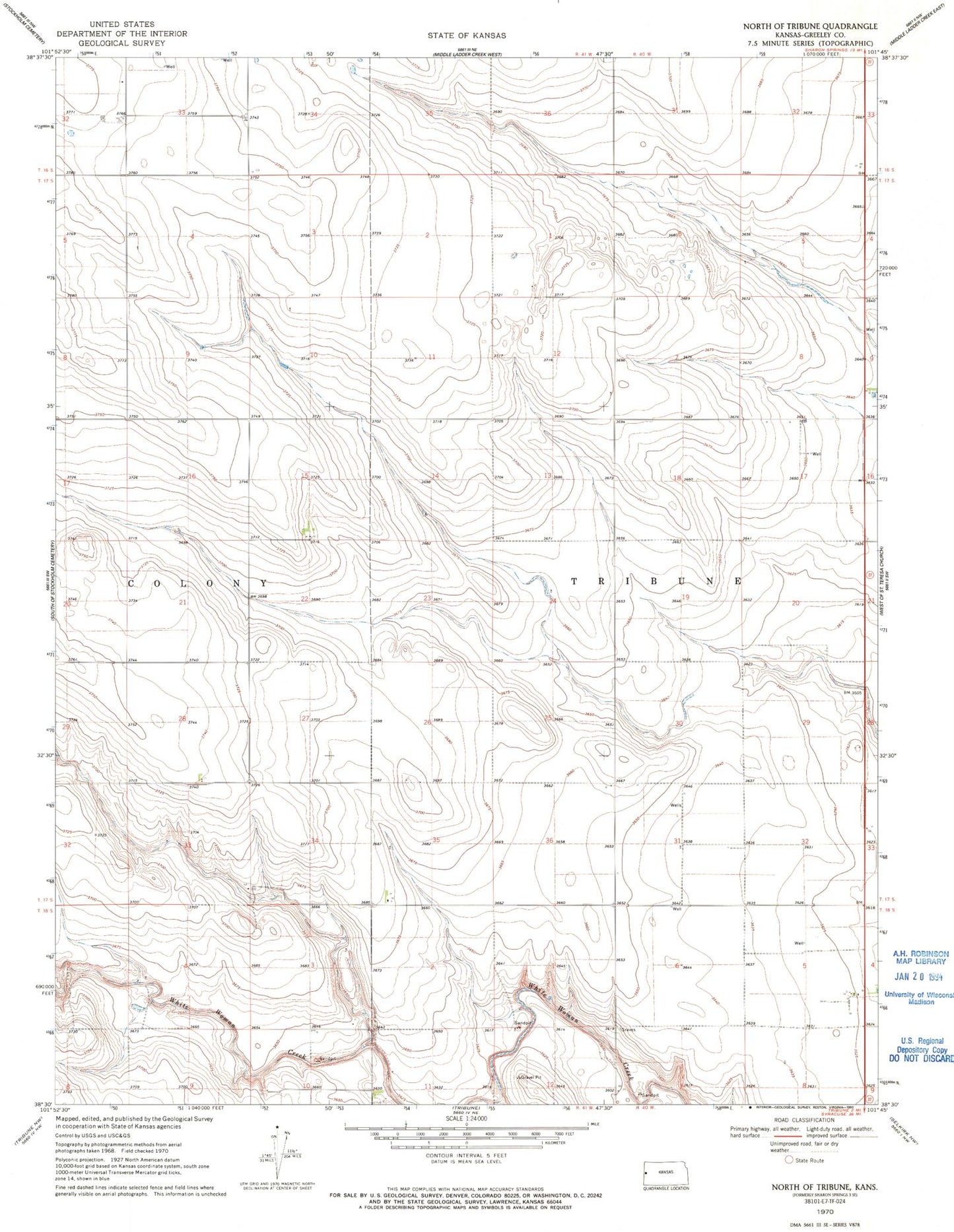 Classic USGS North of Tribune Kansas 7.5'x7.5' Topo Map Image