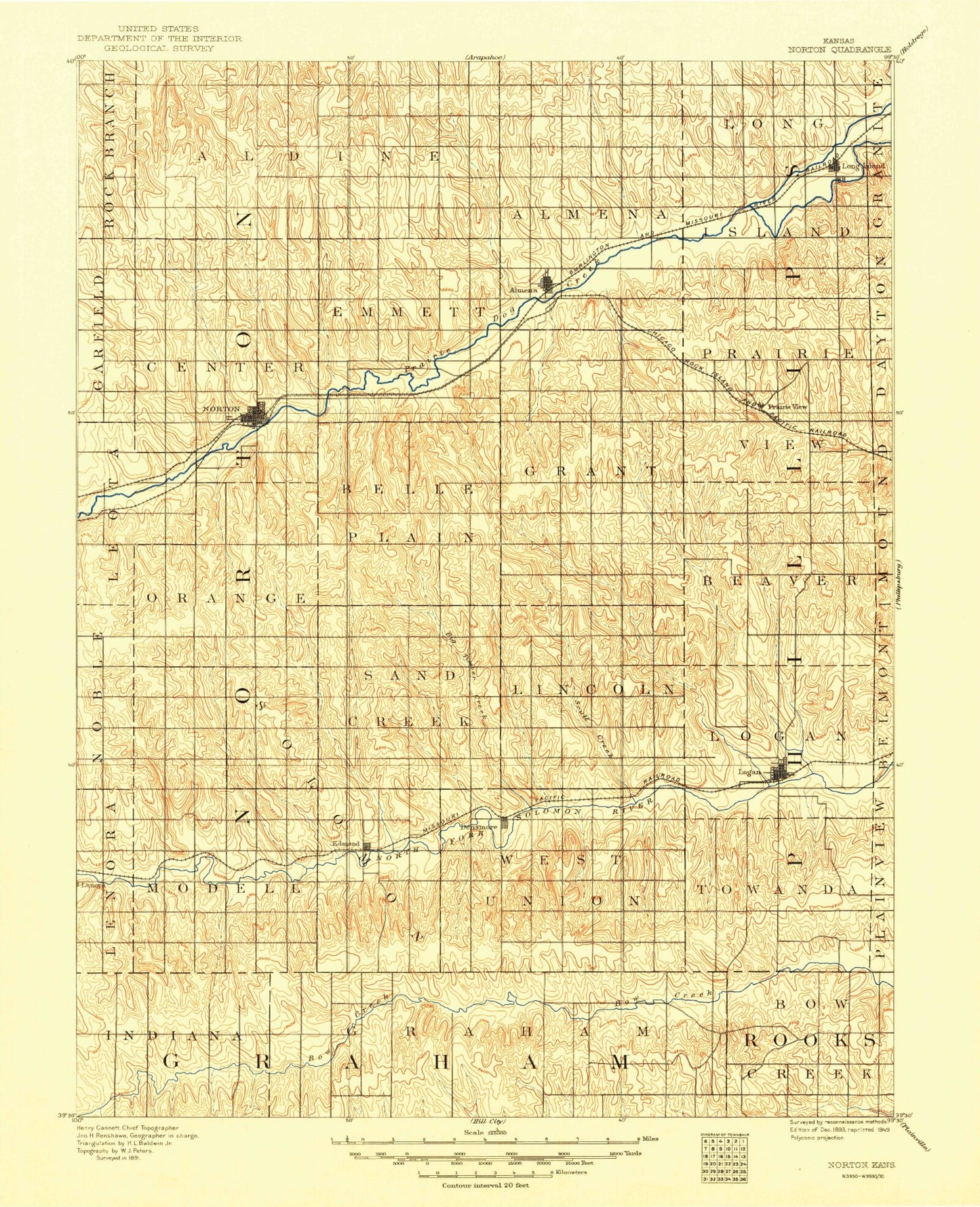 Historic 1893 Norton Kansas 30'x30' Topo Map Image