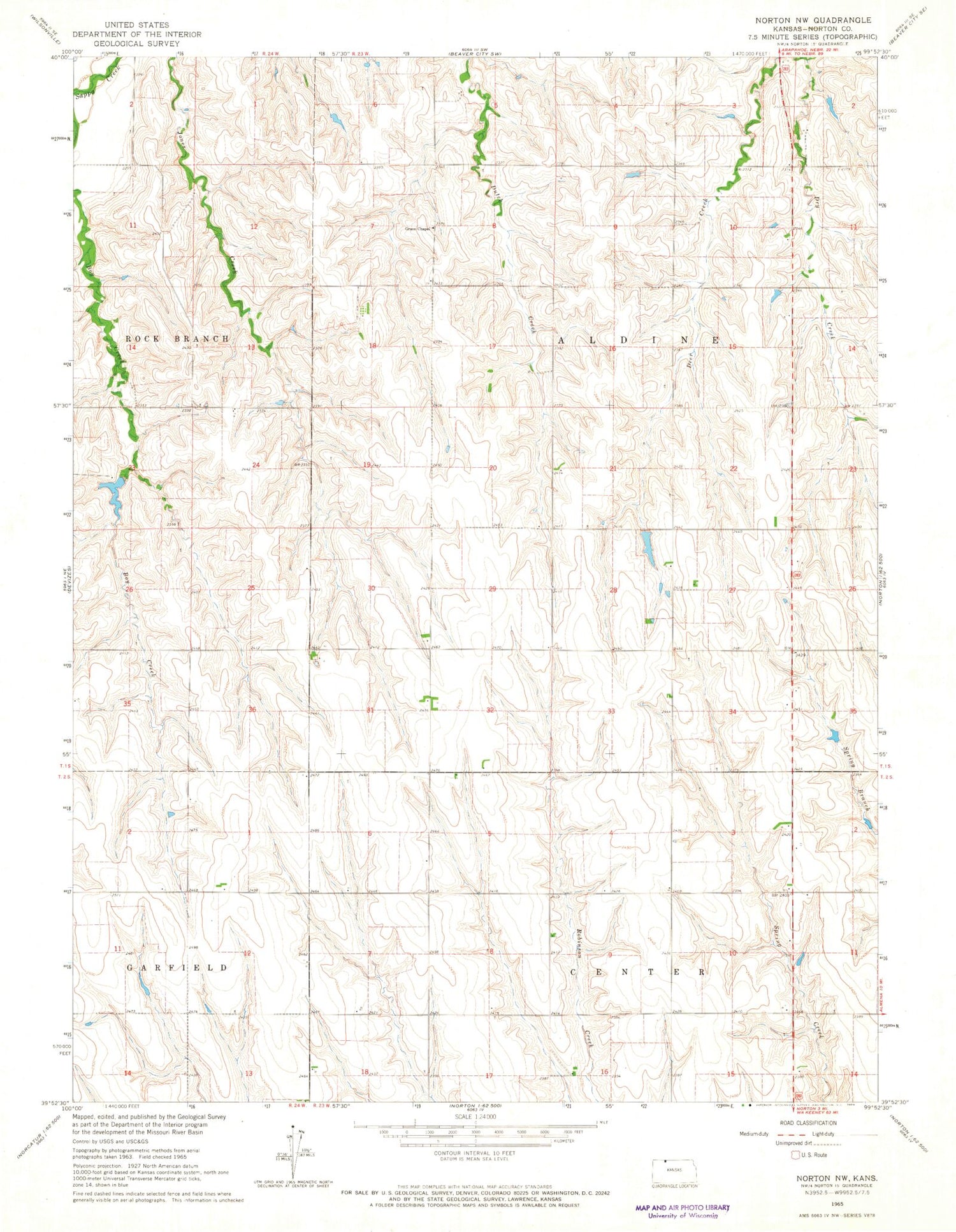 Classic USGS Norton NW Kansas 7.5'x7.5' Topo Map Image