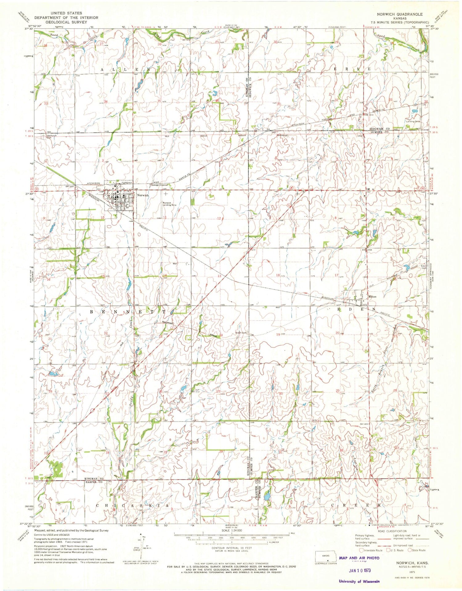 Classic USGS Norwich Kansas 7.5'x7.5' Topo Map Image