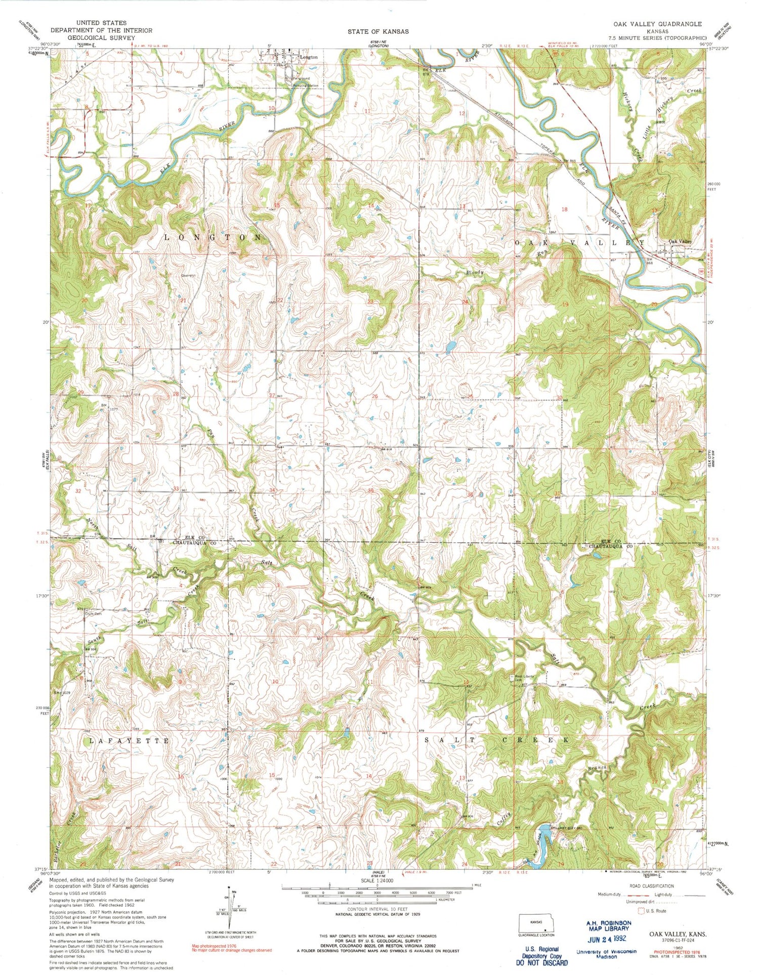 Classic USGS Oak Valley Kansas 7.5'x7.5' Topo Map Image